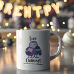White coffee mug with "Love Owlways" in a handwritten style, featuring three adorable owls in shades of blue and purple. A microwave-friendly espresso cup.
