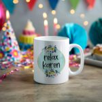 White coffee mug with "Relax Karen" in black casual font inside a light blue-green watercolor circle, decorated with small flowers. A microwave-friendly espresso cup.