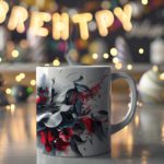 White coffee mug with a red and blue floral design, black and white accents, and a light gray background. The handle is white for a classic touch.