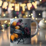 Two white coffee mugs with a modern floral design featuring bright orange and blue flowers, dark brush strokes, and a gray and white background.