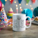 White coffee mug with "I Am" and Bible verses in black text, arranged in two columns with a floral element. A microwave-friendly espresso cup for faith and inspiration.