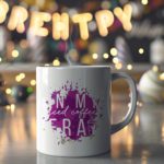 White coffee mug with "In My Iced Coffee Era" in stylish white text over a purple paint splash. A microwave-friendly espresso cup with a trendy design.