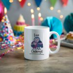 White coffee mug with "Love Owlways" in a handwritten style, featuring three adorable owls in shades of blue and purple. A microwave-friendly espresso cup.