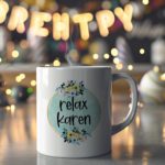 White coffee mug with "Relax Karen" in black casual font inside a light blue-green watercolor circle, decorated with small flowers. A microwave-friendly espresso cup.