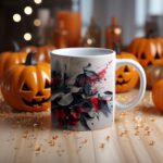 White coffee mug with a red and blue floral design, black and white accents, and a light gray background. The handle is white for a classic touch.