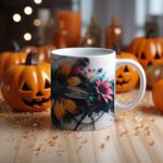 Two white coffee mugs with a modern floral design featuring bright orange and blue flowers, dark brush strokes, and a gray and white background.