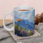 White coffee mug with a colorful floral design, featuring bright flowers, green grass, a blue sky with clouds, and mountains in the background.