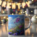 White coffee mug with a colorful floral design, featuring bright flowers, green grass, a blue sky with clouds, and mountains in the background.