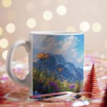 White coffee mug with a colorful floral design, featuring bright flowers, green grass, a blue sky with clouds, and mountains in the background.