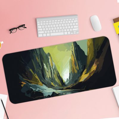 Desk mat with an abstract mountainous landscape painting in dark blue, light blue, and golden yellow, featuring a river or canyon. Desk Pad with Keyboard and Mouse