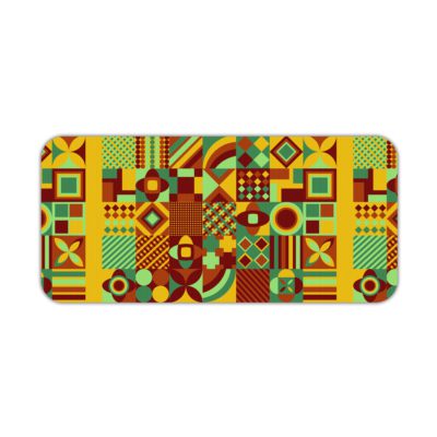 Infidu Artistic Patterns Desk Mat featuring a detailed geometric grid in earthy tones like green, yellow, red, and brown. Desk Pad kept on a plain white background