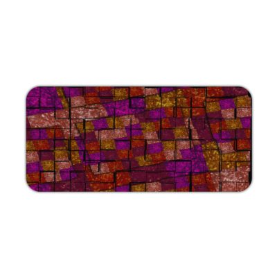 Infidu Artistic Patterns Desk Mat with a dark red and maroon background and a mosaic grid pattern in shades of orange, brown, and yellow. Desk Pad kept on a plain white background