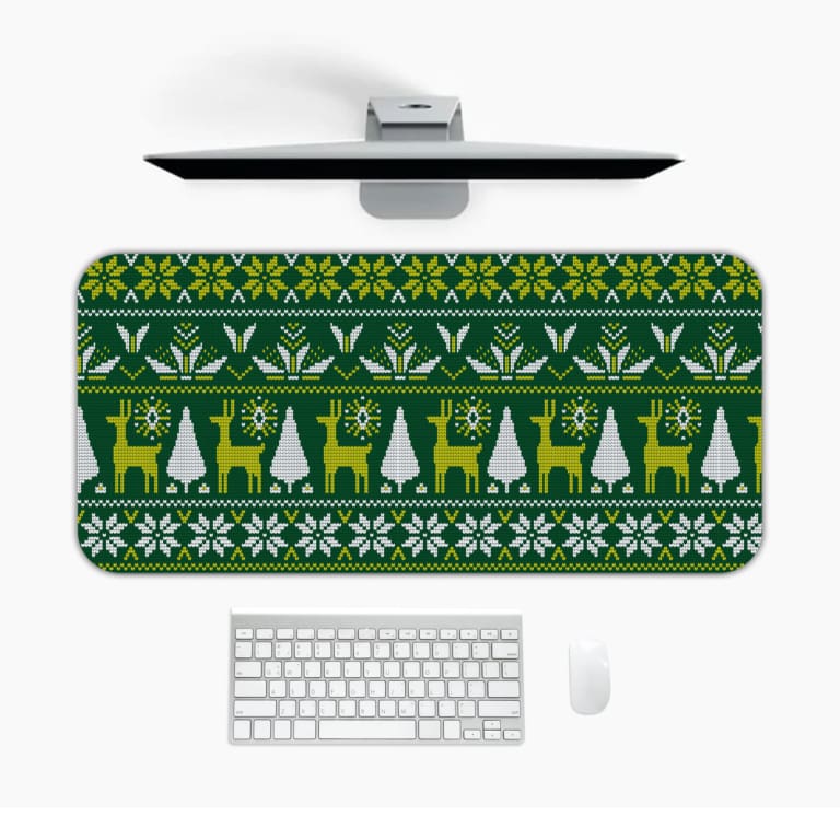 Infidu Knitted Pattern Desk Pad with a dark green background featuring white reindeer, Christmas trees, and snowflakes. Desk Mat with a Computer