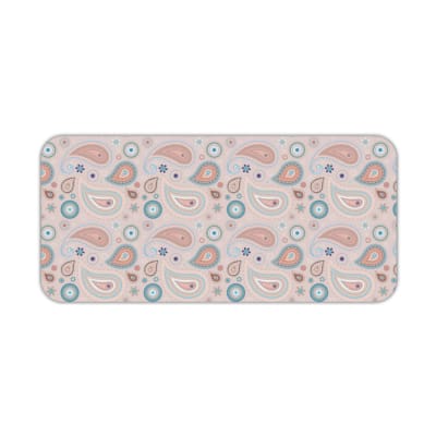 Infidu Boho Pattern Desk Mat with light pink background and paisley pattern in darker pink and blue circular designs. Desk Pad kept on a plain white background