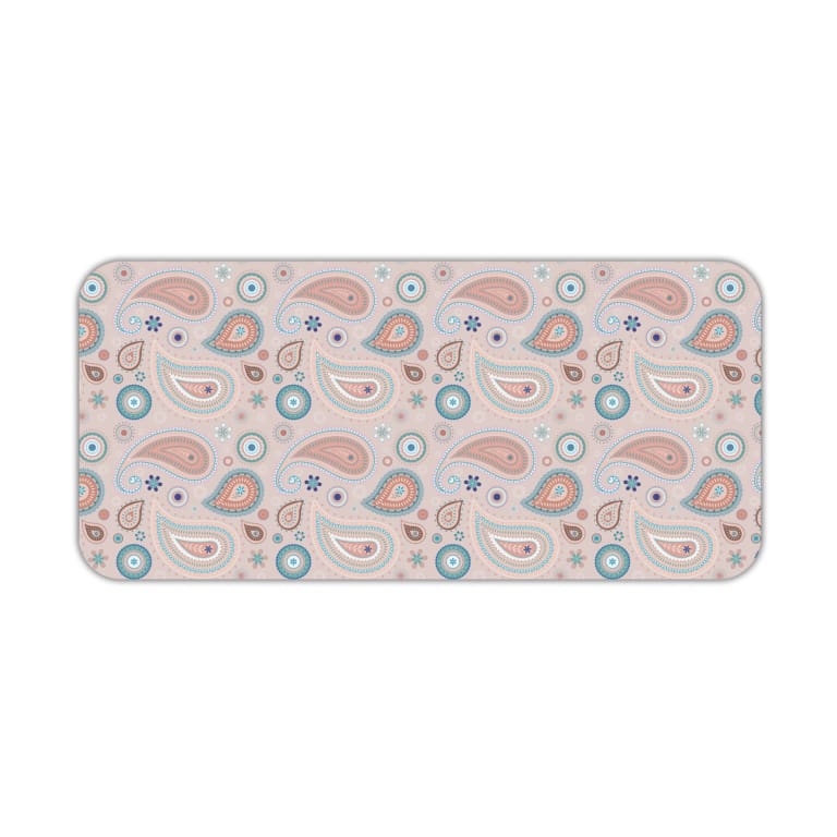 Infidu Boho Pattern Desk Mat with light pink background and paisley pattern in darker pink and blue circular designs. Desk Pad kept on a plain white background