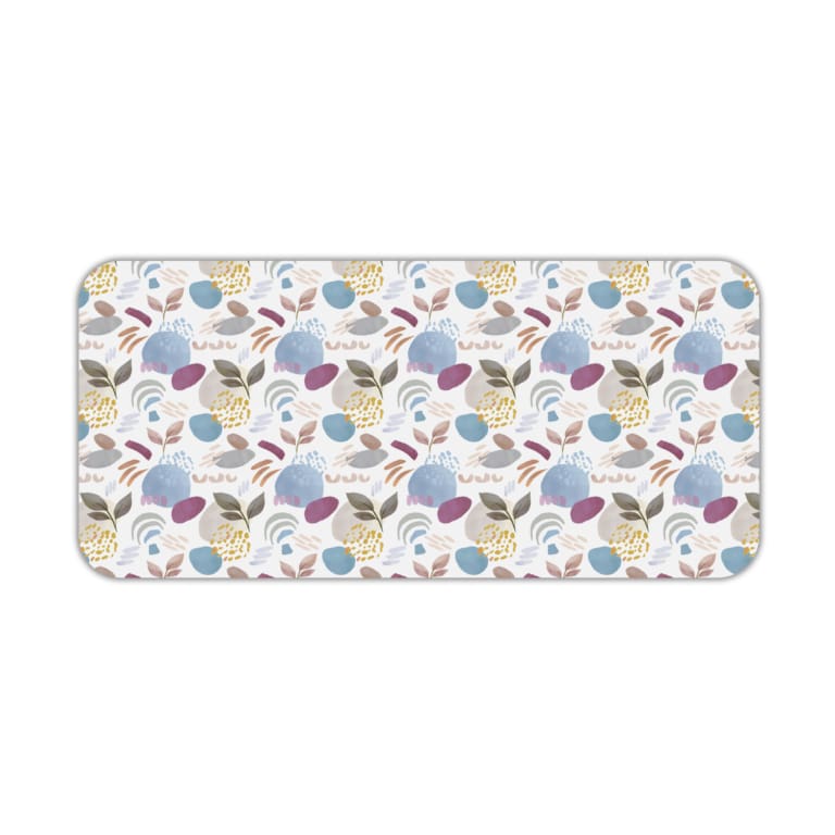 Infidu Painting Style Boho Desk Mat with white background and blue, purple, and brown leaf-like shapes and circles. Desk Pad kept on a plain white background