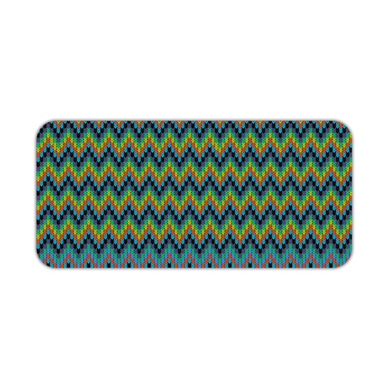 Infidu Desk Pad with a blue background featuring a zigzag knitted pattern in shades of blue, green, and yellow. Desk Pad kept on a plain white background