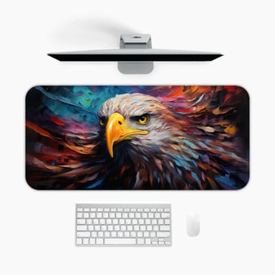 Close-up of an eagle's head with vibrant feathers and a colorful background. A desk pad under the computer