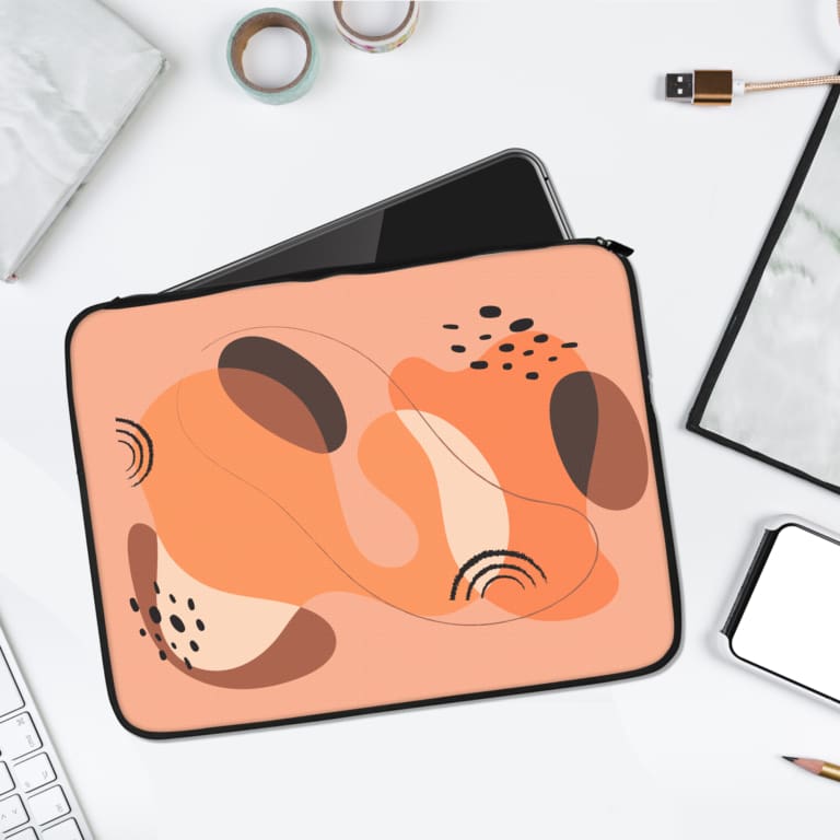 Infidu Soft Abstract Design Laptop Sleeve in pastel tones with beige, peach, and brown shapes, accented by black and white dots and curves. laptop sleeve kept on a plain white background