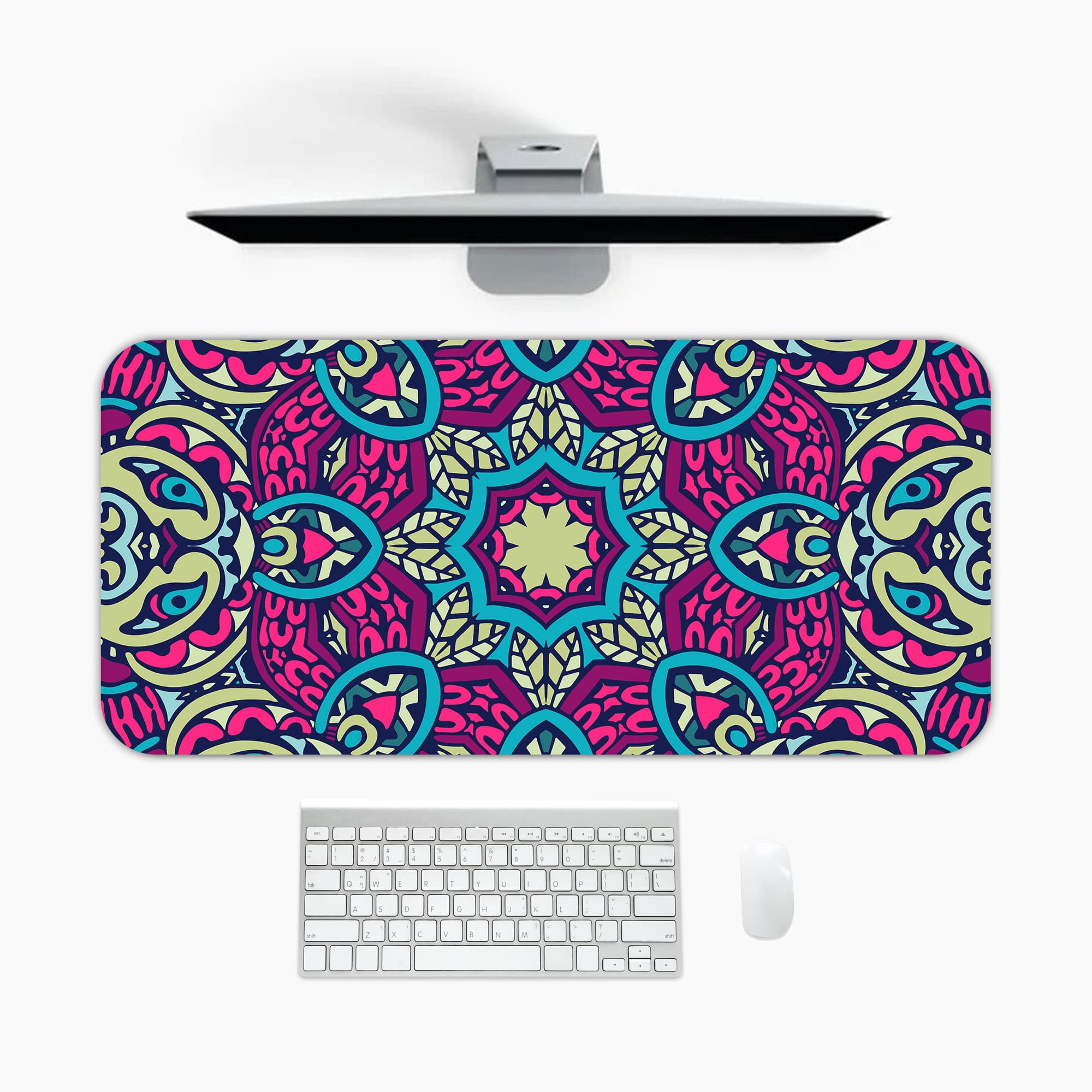 Infidu Colorful Mandala Design Desk Pad with intricate blue, pink, and purple patterns on a light background. A desk pad under the computer