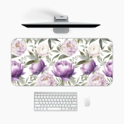 Infidu desk pad with purple and white flowers and green leaves on a white background. A desk pad under the computer