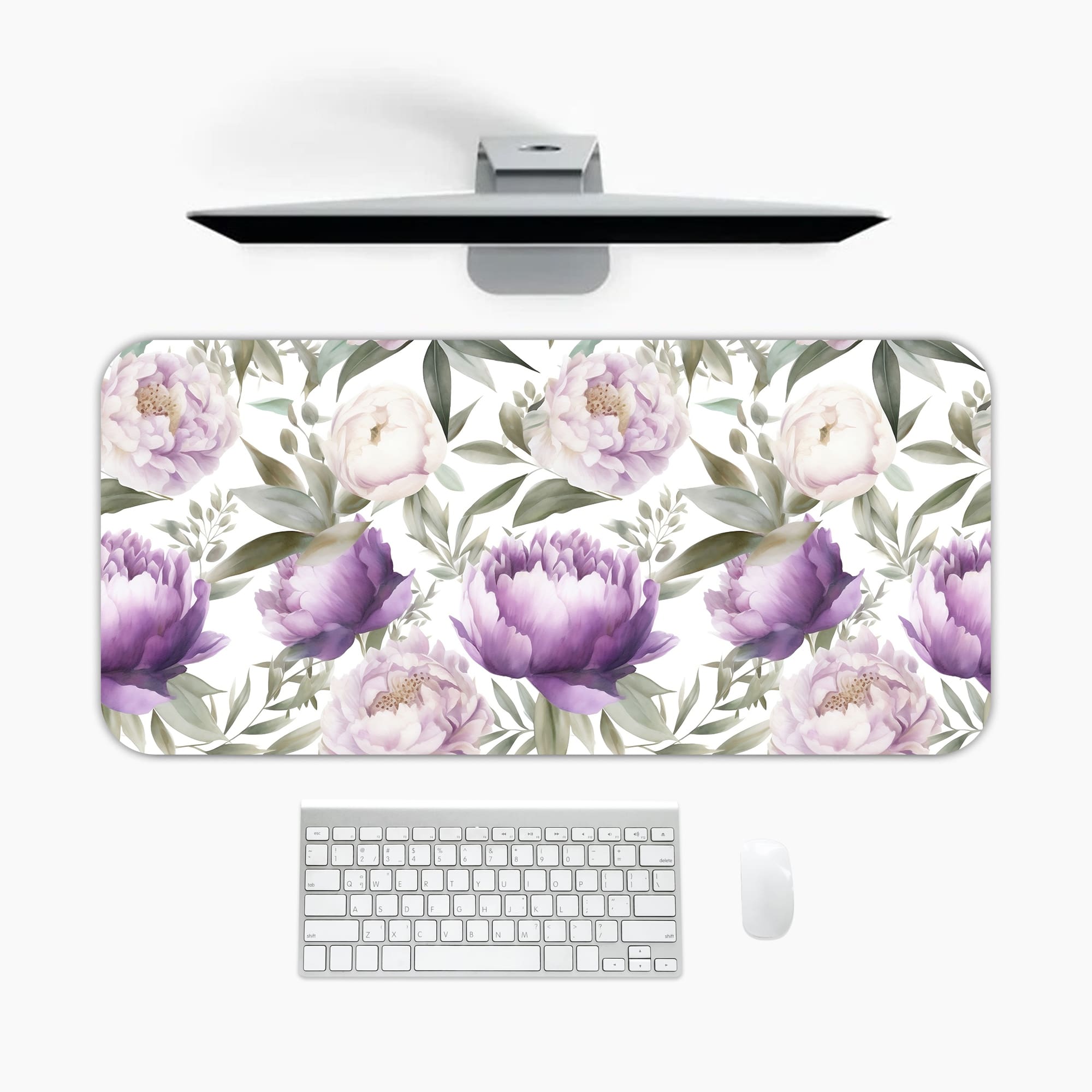 Infidu desk pad with purple and white flowers and green leaves on a white background. A desk pad under the computer