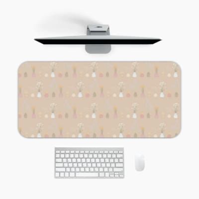 Infidu Soft Brown Desk Pad with White Dots Design. Soft brown background with white dots scattered across. A desk pad under the computer
