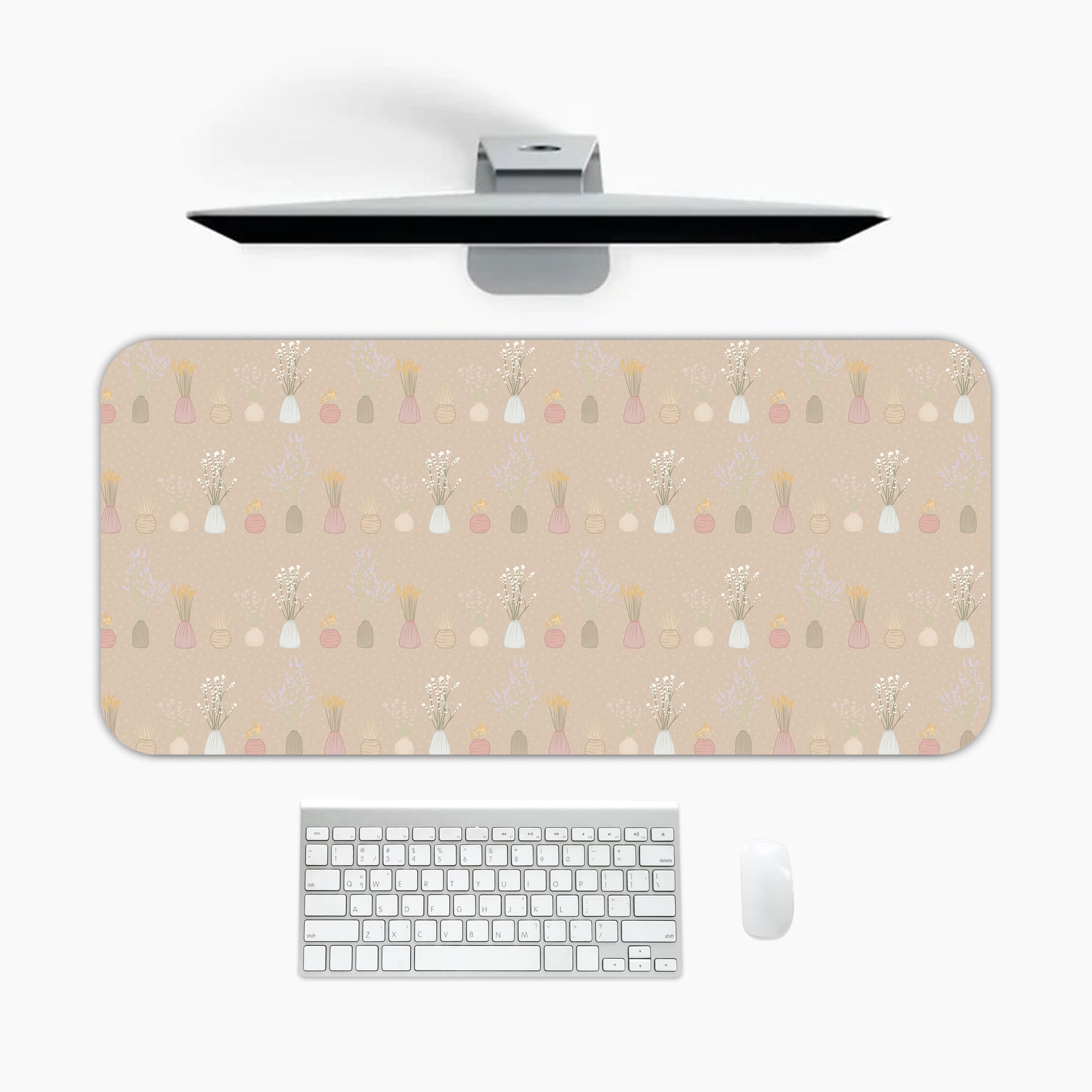 Infidu Soft Brown Desk Pad with White Dots Design. Soft brown background with white dots scattered across. A desk pad under the computer