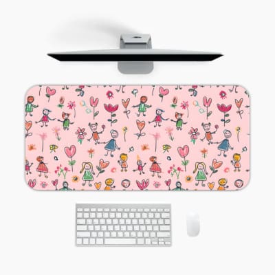 Infidu desk pad with playful floral and figures design on a light pink background, featuring colorful flowers and figures. A desk pad under the computer