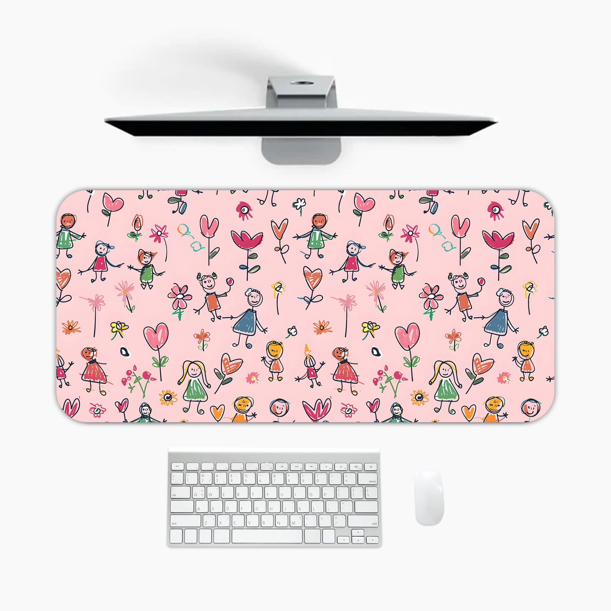 Infidu desk pad with playful floral and figures design on a light pink background, featuring colorful flowers and figures. A desk pad under the computer