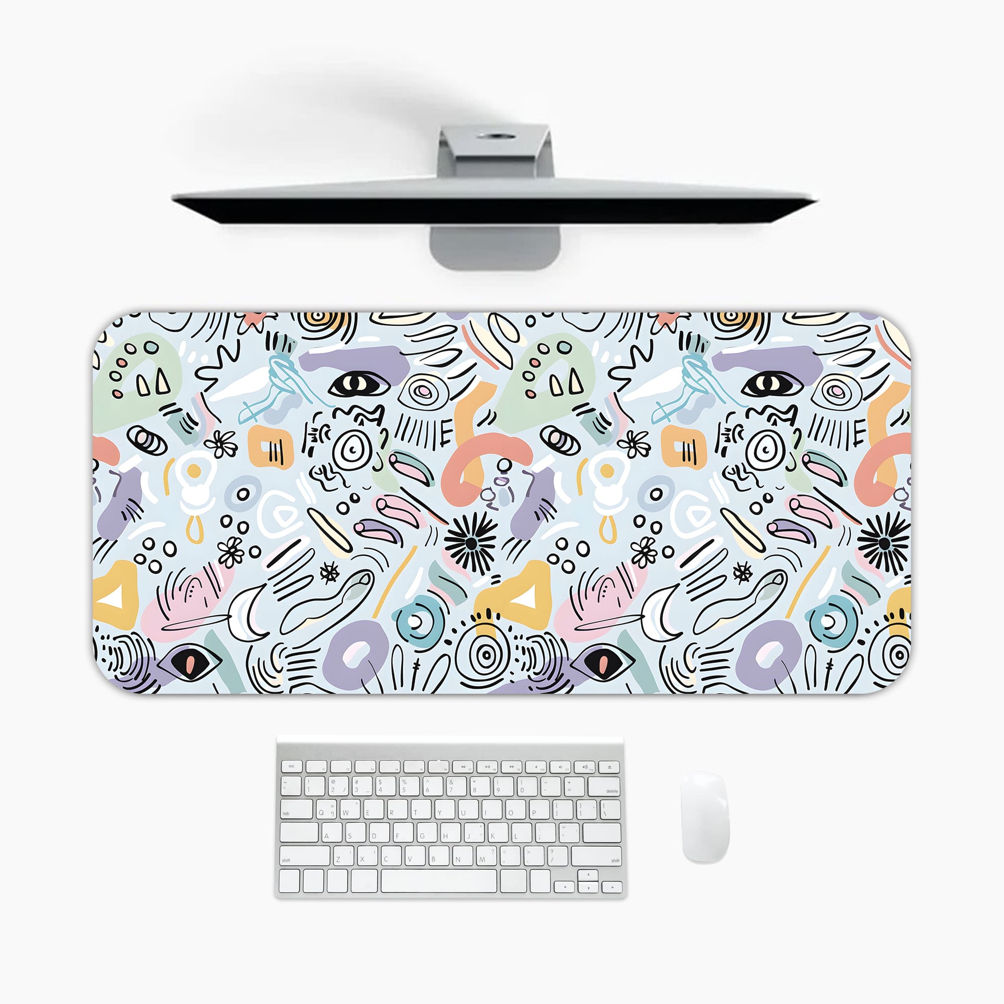 Infidu desk pad with pastel abstract shapes and symbols on a pale blue background. A desk pad under the computer