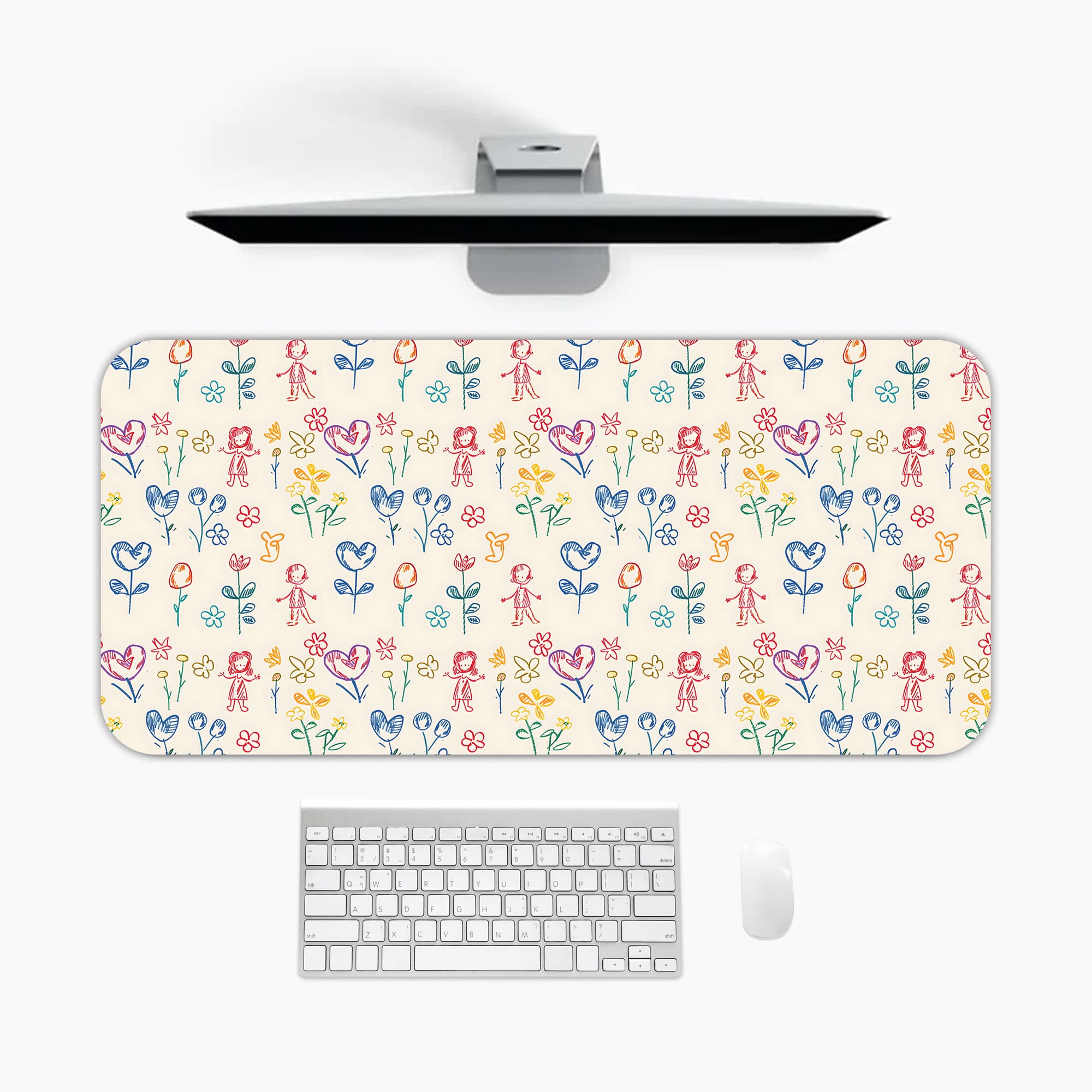 Desk pad with a light background featuring a colorful pattern of floral and abstract shapes in blue, pink, yellow, and green. A desk pad under the computer