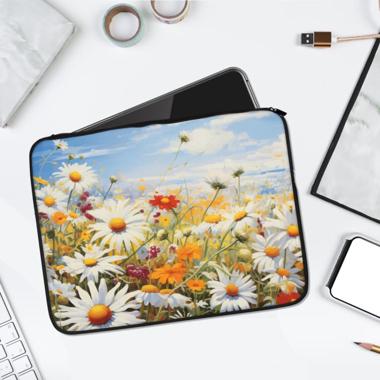Daisy Laptop Sleeve featuring white daisies, colorful flowers, and a blue sky design, offering a stylish and protective cover for laptops. laptop sleeve kept on a plain white background