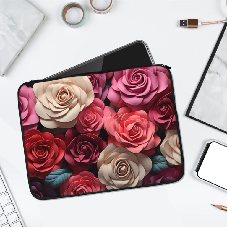 Infidu Realistic Rose Laptop Sleeve with pink, red, and white roses in a realistic floral design, featuring durable fabric and a secure zip. laptop sleeve kept on a plain white background