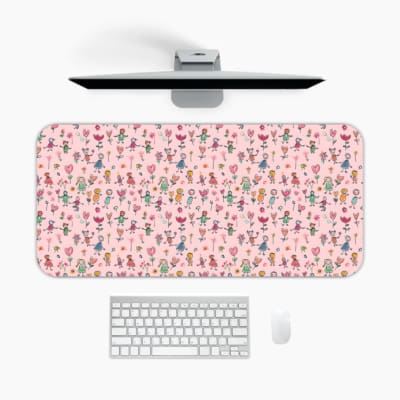 Infidu Pink Floral Pattern Desk Pad with colorful flowers on a vibrant pink background. A desk pad under the computer