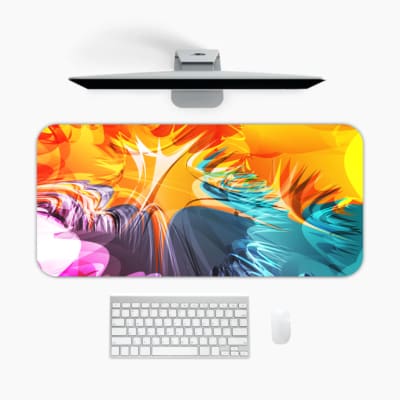 Desk pad with a vibrant abstract swirl design in orange, yellow, gray, blue, and pink. A desk pad under the computer