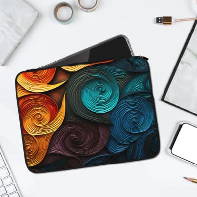Laptop sleeve with a vibrant swirl pattern in shades of blue, orange, yellow, and purple on a minimalist background, perfect for stylish laptop protection.