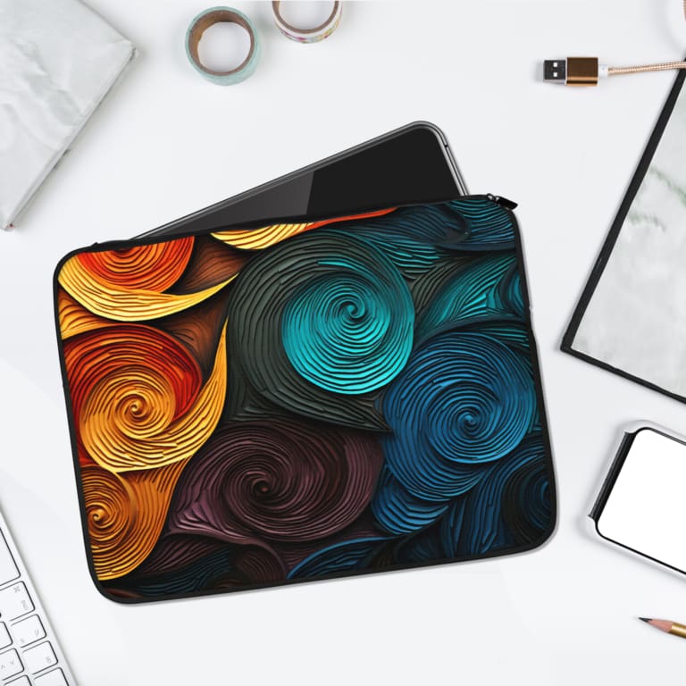 Laptop sleeve with a vibrant swirl pattern in shades of blue, orange, yellow, and purple on a minimalist background, perfect for stylish laptop protection.