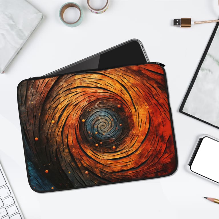 Infidu Cosmic Spiral Vortex Artistic Laptop Sleeve featuring a vibrant spiral design with deep blues, oranges, and gold tones, adding a mystical touch. laptop sleeve kept on a plain white background
