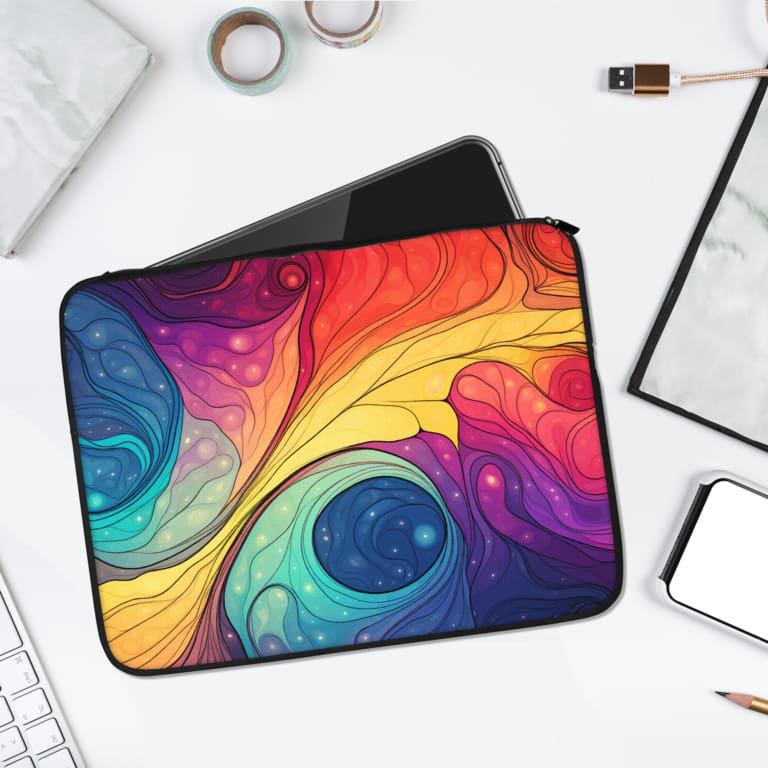 Vibrant abstract swirl design in blue, purple, yellow, and pink on a laptop sleeve, featuring a secure zip closure. laptop sleeve kept on a plain white background