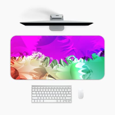 Infidu Dreamy Purple and Green Abstract Desk Pad with soft, blended colors in purple, green, and pink, featuring a smooth, dreamy design. A desk pad under the computer