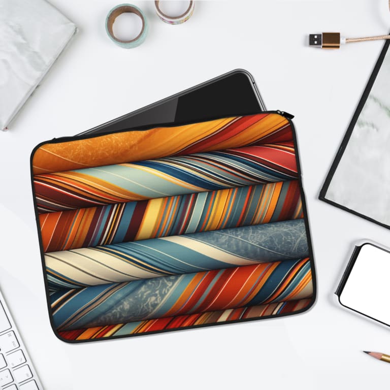 Infidu Vibrant Abstract Colorful Streaks Laptop Sleeve featuring diagonal streaks in yellow, orange, blue, and white on a minimal background. laptop sleeve kept on a plain white background