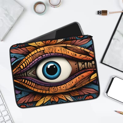 Vibrant eye tribal artistic laptop sleeve with bold patterns in orange, yellow, brown, and blue on a durable fabric with a zip closure. laptop sleeve kept on a plain white background