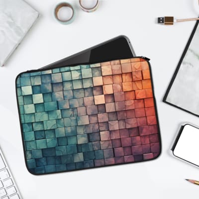 Infidu Mosaic Gradient Tile Artistic Laptop Sleeve featuring gradient colors in blue, green, pink, and orange with a modern mosaic design. laptop sleeve kept on a plain white background