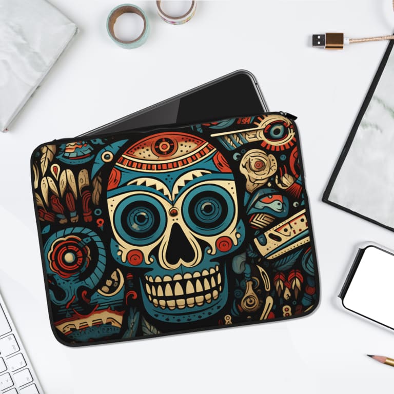 Infidu Bold Decorative Skull Artistic Laptop Sleeve with a colorful skull design in blue, red, and white on a dark background. laptop sleeve kept on a plain white background