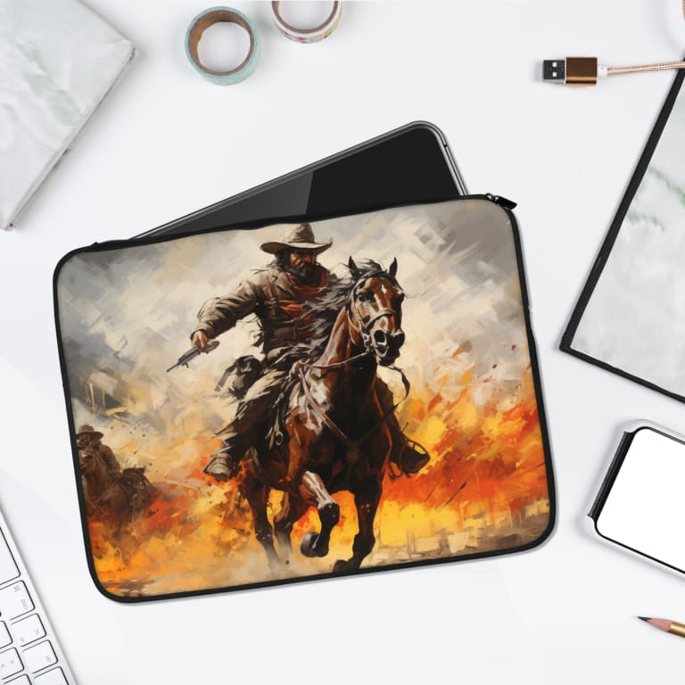 Infidu Cowboy on Horse with Flames and Smoke Laptop Sleeve features a dynamic, action-packed design with a cowboy on a horse surrounded by flames. laptop sleeve kept on a plain white background