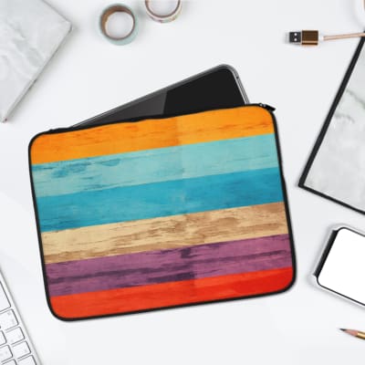 Infidu Colorful Striped Horizontal Laptop Sleeve featuring horizontal stripes in orange, blue, purple, and beige. laptop sleeve kept on a plain white background