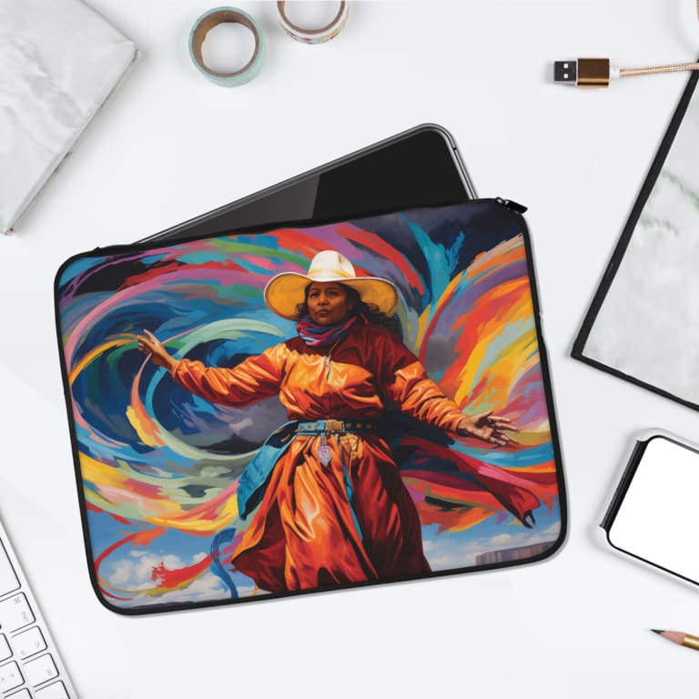 Artistic laptop sleeve with a vibrant design featuring a person in flowing attire surrounded by colorful swirls of blue, pink, orange, and yellow. laptop sleeve kept on a plain white background