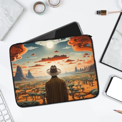 Infidu Desert Landscape with Moon Laptop Sleeve featuring a person in a hat, desert cliffs, orange-red clouds, and a glowing moon. laptop sleeve kept on a plain white background