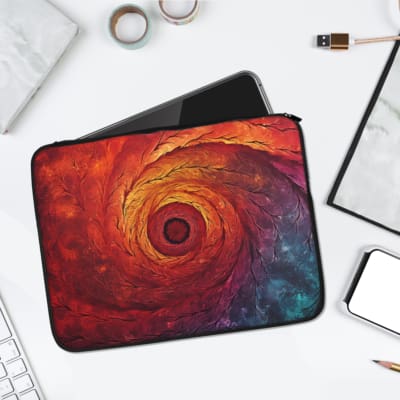 Infidu Cosmic Spiral Vortex Laptop Sleeve with a vibrant, swirling vortex design in red, orange, yellow, purple, and blue. laptop sleeve kept on a plain white background